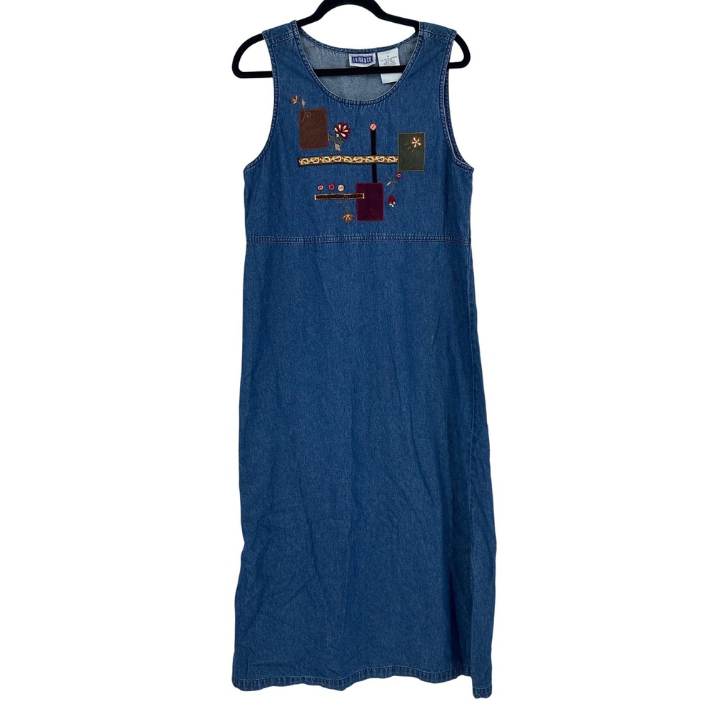 Erika & Co VTG‎ 90s Denim Maxi Dress Small Blue Patchwork Embroidered Sleeveless
